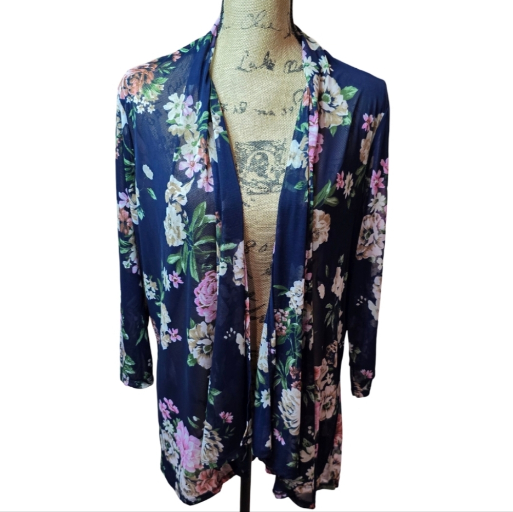 Zero 2 eight Navy Floral Sheer Mesh Open Front Cardigan 2X Kimono Cover‎ up NEW